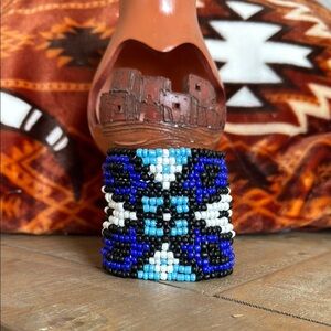 Navajo Butterfly - Beaded Cuff Bracelet in Blue and Black - Hand Beaded